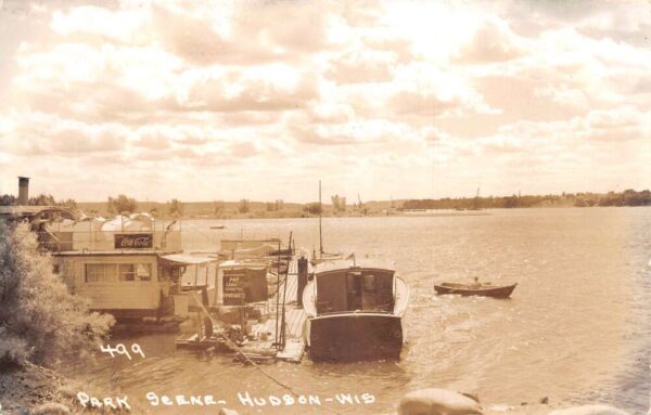 Hudson Wisconsin Boat Dock Gas Station Coke Sign Real Photo Postcard AA88604