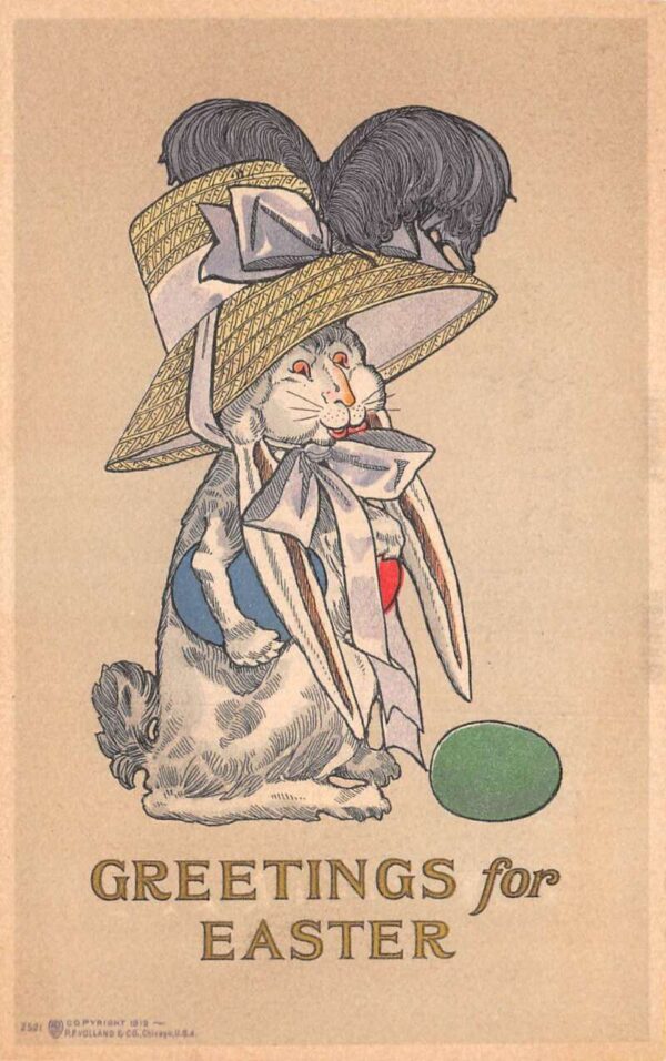 Easter Greetings Dressed Bunny Rabbit wearing Big Hat Vintage Postcard AA88609