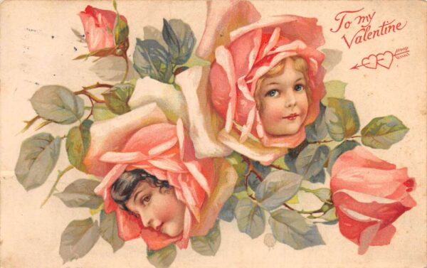 Valentine Greetings Flower Faces Pink Roses Nister Vintage Postcard AA88616