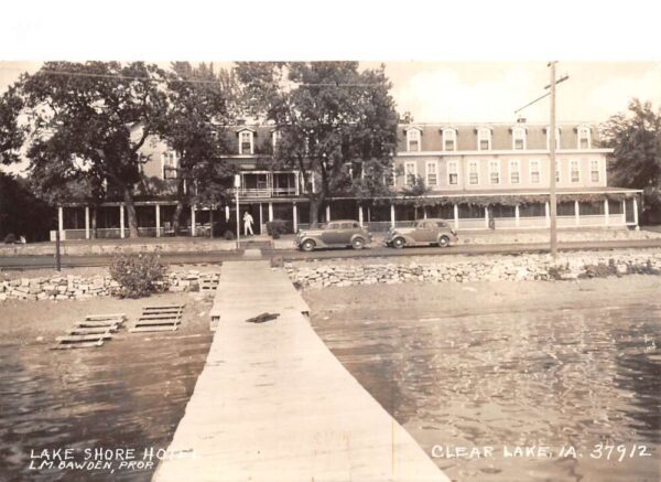 Clear Lake Iowa Lake Shore Hotel from Pier Real Photo Postcard AA88653