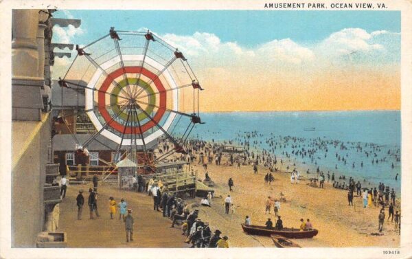 Ocean View Virginia Amusement Park Ferris Wheel on Beach Postcard AA88768