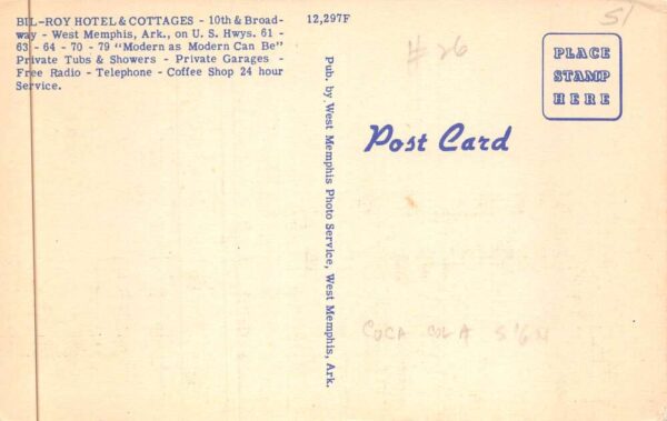 West Memphis Arkansas Bil-Roy Hotel and Cottages Coke Sign Postcard AA88783 - Image 2