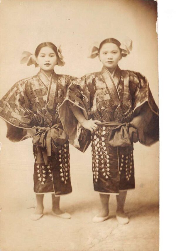 Japanese Children Kabuki Costumes Kimono Real Photo Vintage Postcard AA88820