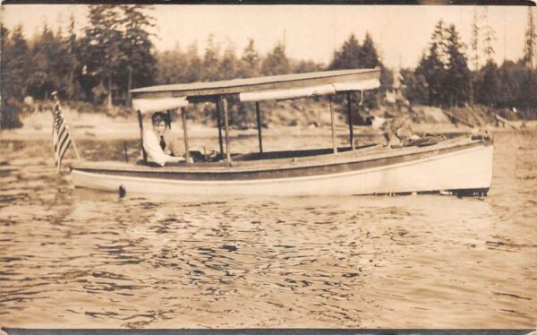 Burton Washington Man in Boat with Dog Real Photo Vintage Postcard AA88824