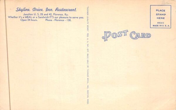 Florence Kentucky Skyline Drive Inn Restaurant Linen Vintage Postcard AA88838 - Image 2