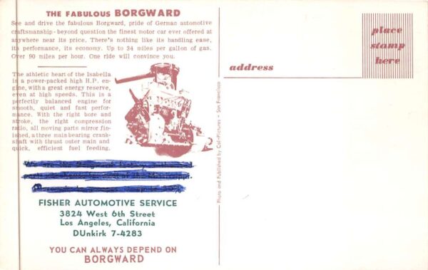 Los Angeles California Fisher Automotive Service Borgward German Car PC AA88859 - Image 2