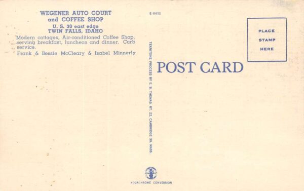 Twin Falls Idaho Wegener Auto Court & Coffee Shop, Color Linen, PC U20781 - Image 2
