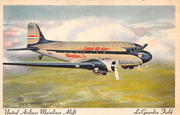 United Airlines Mainliner Aloft over LaGuardia Field Airport Postcard AA88884