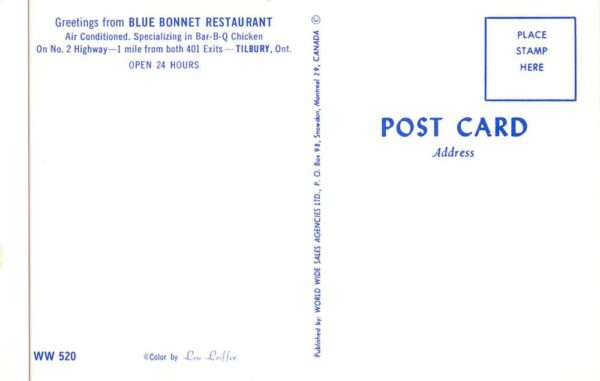 Tilbury Ontario Canada Blue Bonnet Restaurant Coke Sign Vintage Postcard AA88905 - Image 2