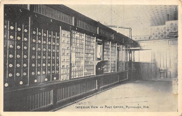 Plymouth Wisconsin Interior View, Post Office, B/W Lithograph, Vintage PC U20869