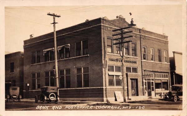 Cochrane Wisconsin Bank & Post Office, Real Photo, Vintage Postcard U20870