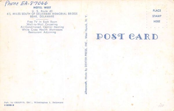 Bear Delaware Motel West, B/W Chrome, Vintage Postcard U20955 - Image 2