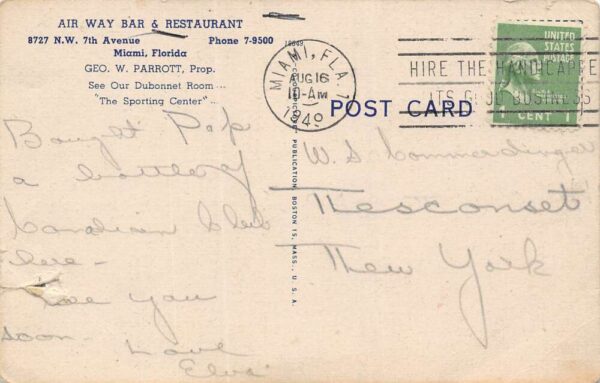 Miami Florida Air Way Bar & Restaurant, Multi-View Linen, Vintage PC U20956 - Image 2
