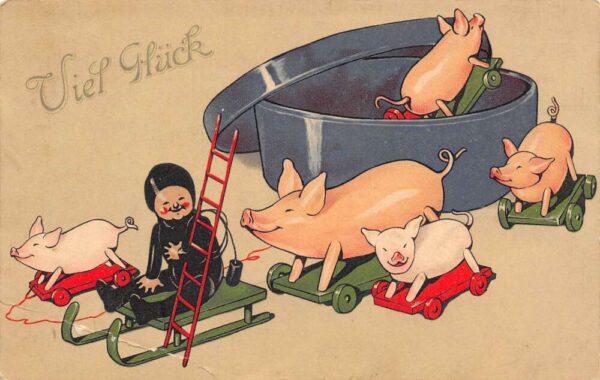 Foreign Good Luck, Pigs On Carts, Child On Sled, Vintage Postcard U20976