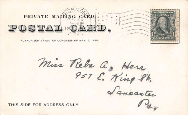 Richmond Indiana Morrison Reeves Library, Private Mailing Card, Vintage U20978 - Image 2