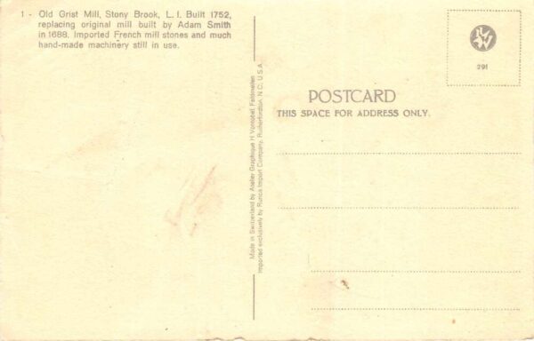 Long Island New York Old Grist Mill, Stony Brook, Vintage Postcard U21001 - Image 2