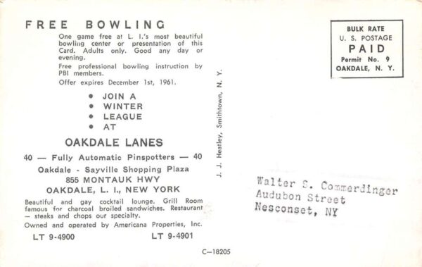 Oakdale New York Oakdale Lanes, Long Island, Chrome, Vintage Postcard U21012 - Image 2