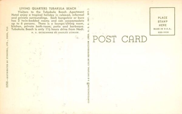 Korotongo Fiji Tubakula Beach Apartment Hotel, Chrome, Vintage Postcard U21019 - Image 2