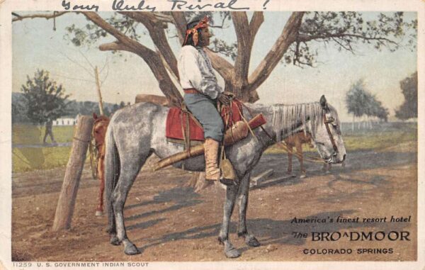 Colorado Springs Colorado The Broadmoor Hotel Ad Indian Scout Postcard AA89003