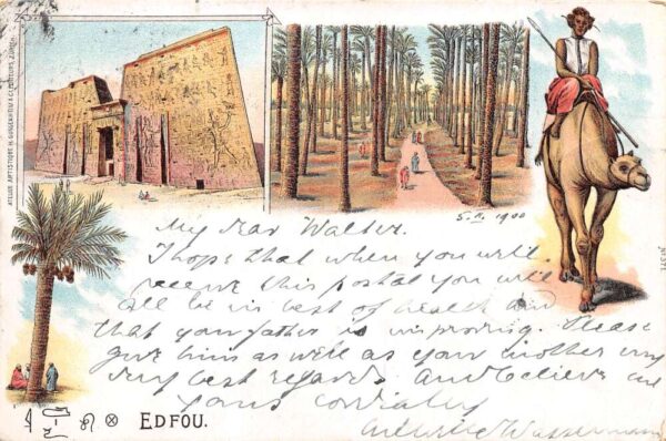 Edfou Edfu Egypt Temple and Date Palms Vintage Postcard AA89015