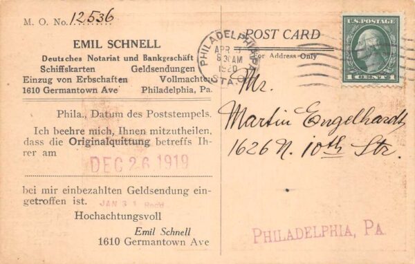 Philadelphia Pennsylvania German Notary and Bank Steamship Tickets PC AA89247 - Image 2
