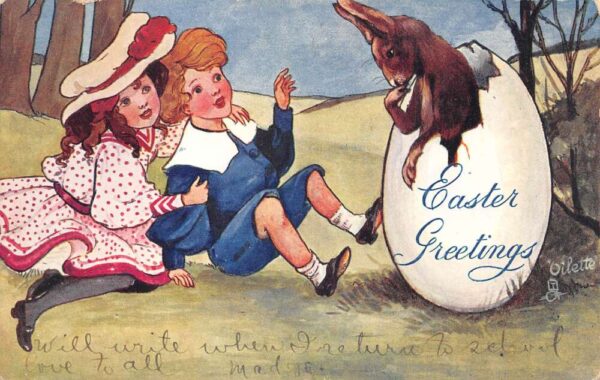 Easter Greetings Children and Rabbit in Egg Tuck Vintage Postcard AA89257