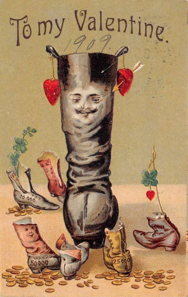 Valentine Greetings Boot Faces and Gold Coins Lucky Symbols Postcard AA89270