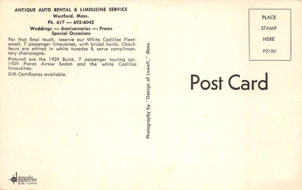 Westford Massachusetts Antique Auto Rental and Limo Service Postcard AA89424 - Image 2