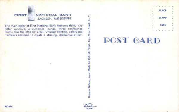 Jackson Mississippi First National Bank Main Lobby Vintage Postcard AA89425 - Image 2