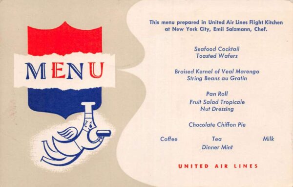 United Air Lines Flight Kitchen Menu Vintage Postcard AA89429