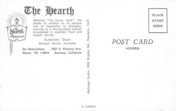 Downey California The Hearth Restaurant Organ Piano Vintage Postcard AA89445 - Image 2