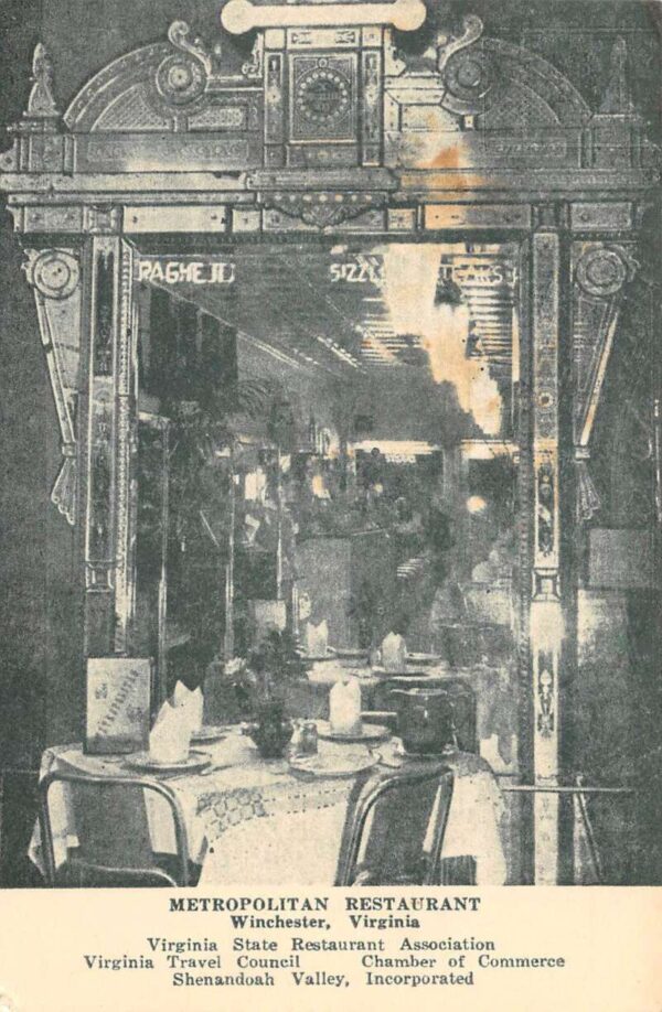 Winchester Virginia Metropolitan Restaurant Dining Room Vintage Postcard AA89452
