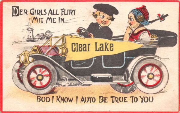 Clear Lake Wisconsin Greetings Dutch People in Car Vintage Postcard AA89483