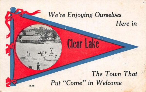 Clear Lake Wisconsin Greetings Beach Scene Pennant Flag Postcard AA89484