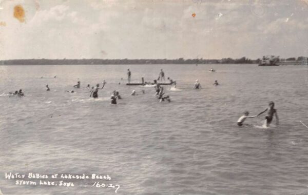 Storm Lake Iowa Lakeside Beach Water Babies Swimming Real Photo Postcard AA89545
