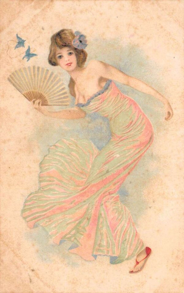 Lady Beautiful Woman with Fan and Butterflies Vintage Postcard AA89546