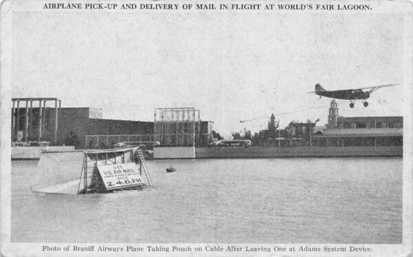Chicago Century of Progress Expo Braniff Airplane Picking Up Mail PC AA89548