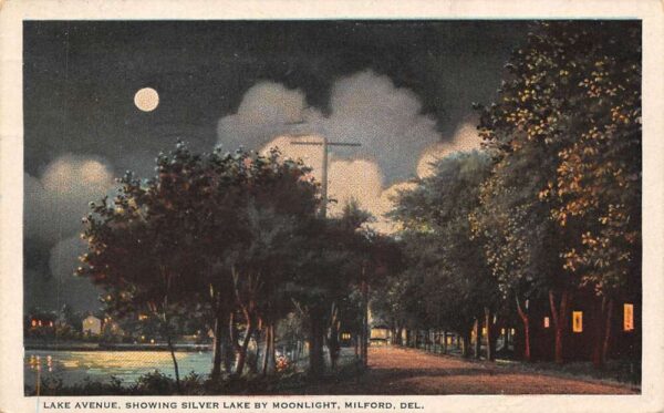 Milford Delaware Lake Avenue Silver Lake by Moonlight Postcard AA89588