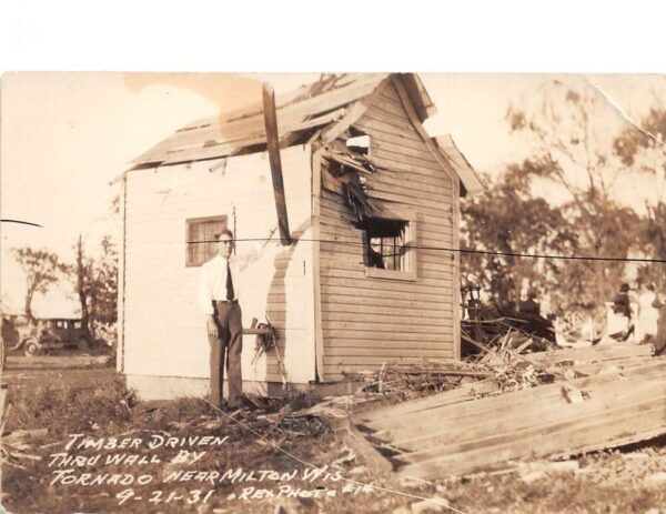 Milton Wisconsin Tornado Disaster Timber thru Wall Real Photo Postcard AA89645