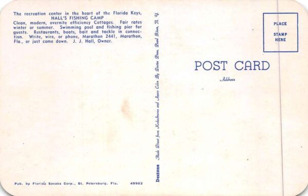 Marathon Florida Keys Hall's Fishing Camp Vintage Postcard AA89972 - Image 2