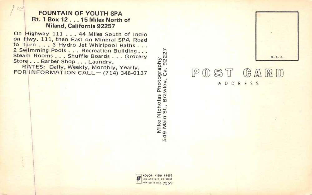 Niland California Fountain of Youth Spa Trailer Park Vintage Postcard AA89975 - Image 2