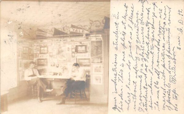 State College Pennsylvania Boys Dorm Room Harvard Yale Flags Real Photo AA90086