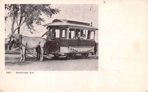 Hutchinson Kansas Horse Drawn Trolley Street Car Vintage Postcard AA100198