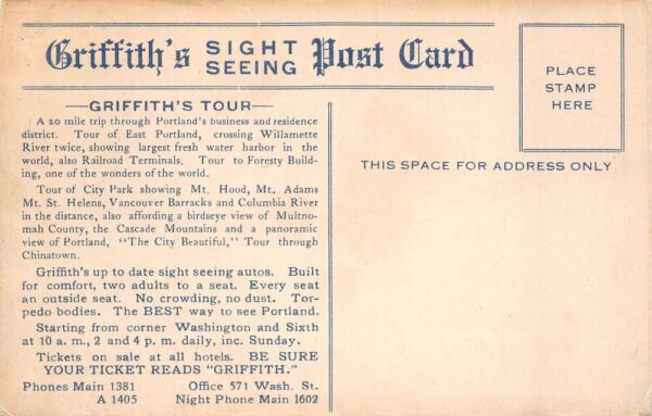 Portland Oregon Griffiths Sight Seeing Bus Vintage Postcard AA100204 - Image 2
