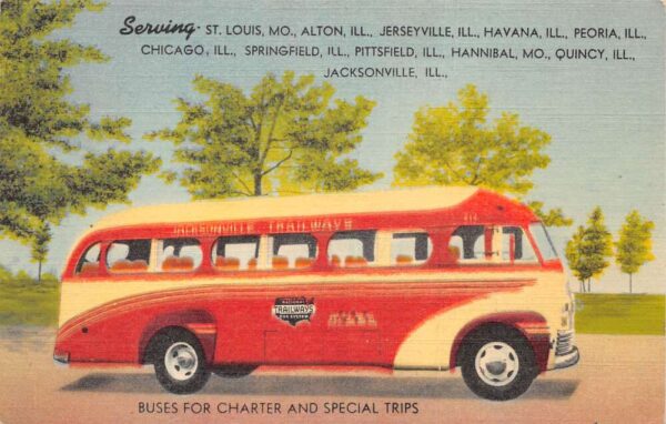 Jacksonville Illinois Trailways Charter Bus Vintage Postcard AA100244