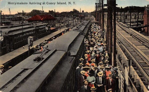 Coney Island New York Train Station Crowd Vintage Postcard AA100250