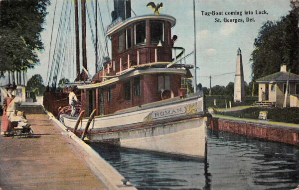 St Georges Delaware Tug Boat Roman coming into Lock Vintage Postcard AA100321
