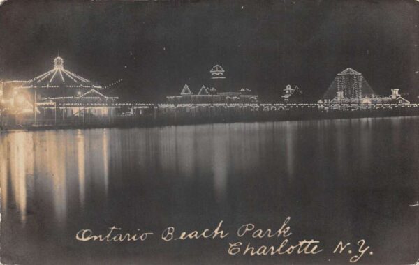 Charlotte Rochester New York Ontario Beach Park at Night Real Photo PC AA100322