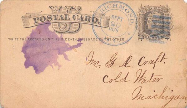 Richmond Illinois 1879 Postal Card Used Vintage Postcard AA100337