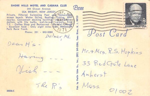 Sea Bright New Jersey Shore Hills Motel and Cabana Club Postcard AA100192 - Image 2